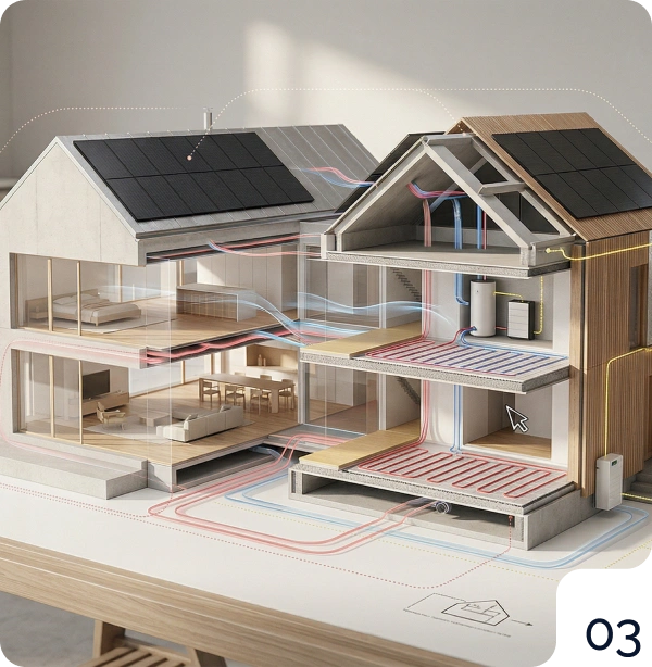 3D model domu s vyznačenými rozvody topení a solárními panely na střeše