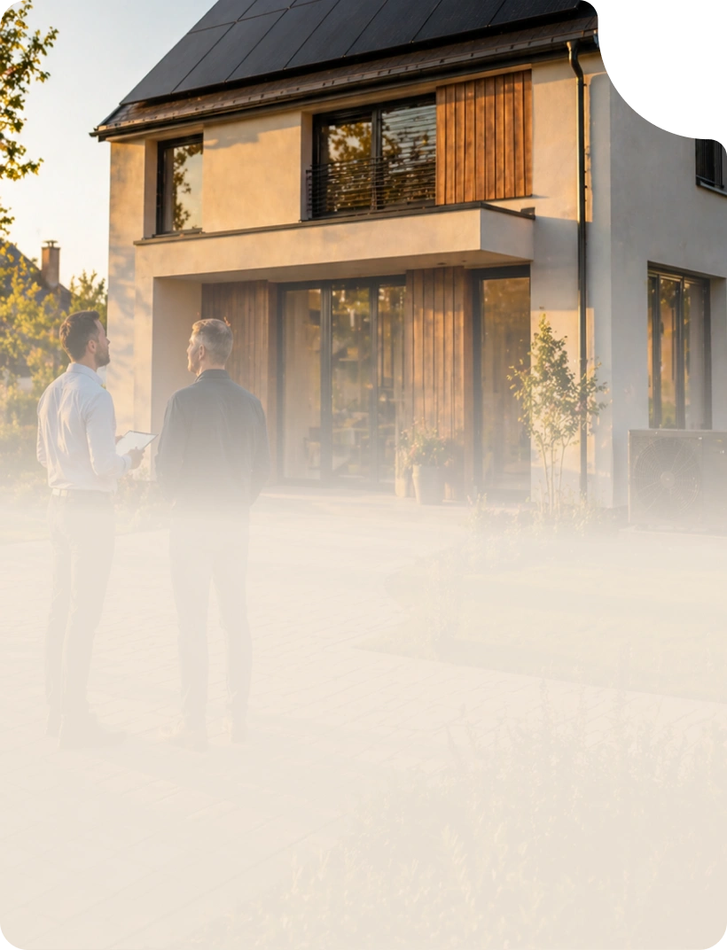Dva muži stojí na příjezdové cestě před moderním rodinným domem a prohlížejí si jej na tabletu